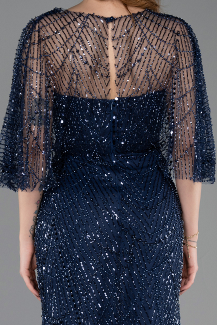 Long Navy Blue Beaded Evening Dress ABU5798