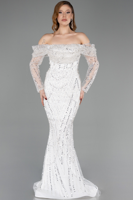 Long White Beaded Evening Dress ABU5825