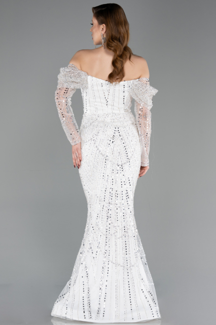 Long White Beaded Evening Dress ABU5825