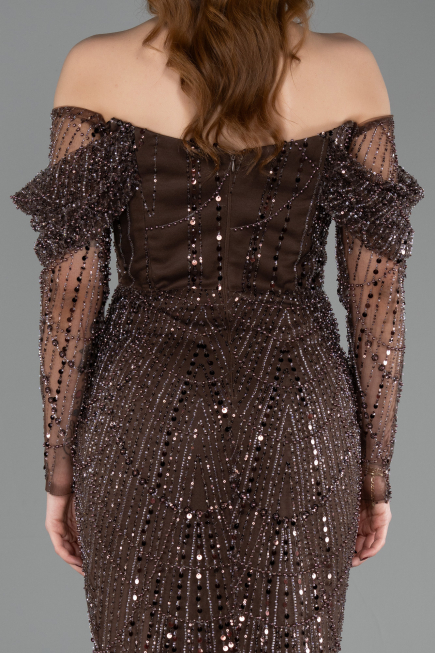 Long Brown Beaded Evening Dress ABU5825