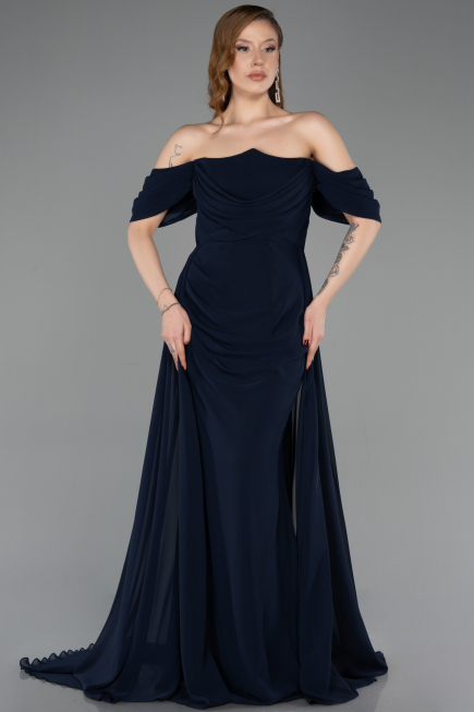 Long Navy Blue Chiffon Prom Gown ABU5826