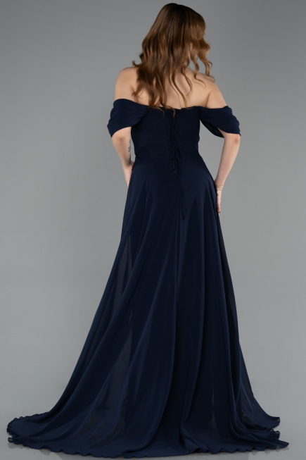 Long Navy Blue Chiffon Prom Gown ABU5826
