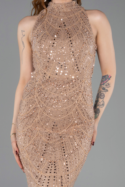 Copper Halter Neck Long Beaded Mermaid Evening Gown ABU4791
