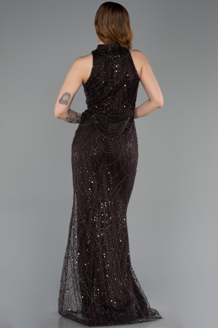 Brown Halter Neck Long Beaded Mermaid Evening Gown ABU4791