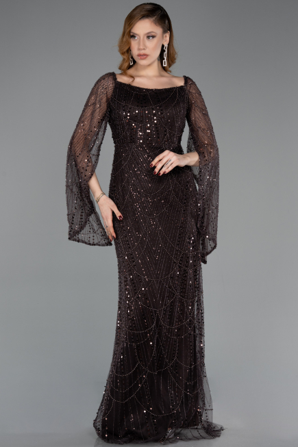 Brown Long Beaded Evening Dress ABU5066