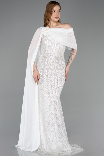 Long White Beaded Evening Dress ABU5816