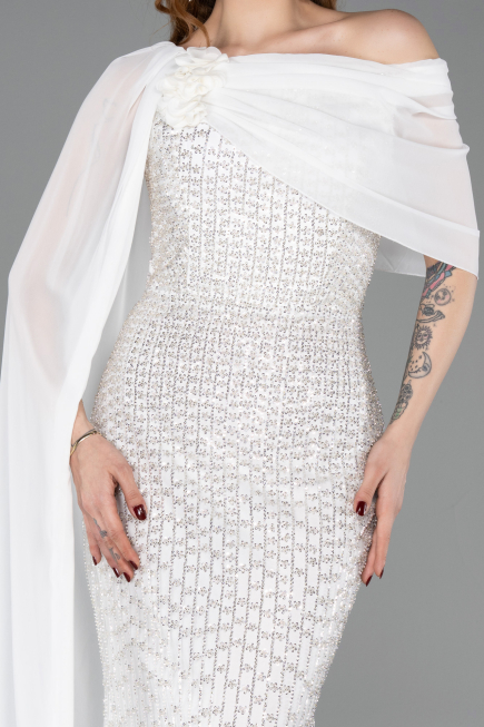 Long White Beaded Evening Dress ABU5816