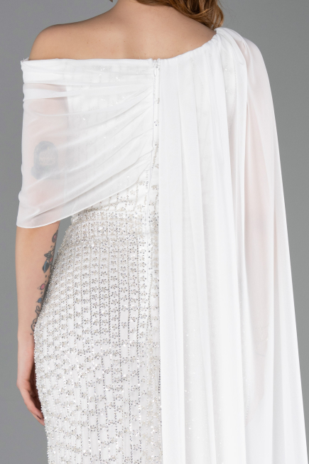 Long White Beaded Evening Dress ABU5816