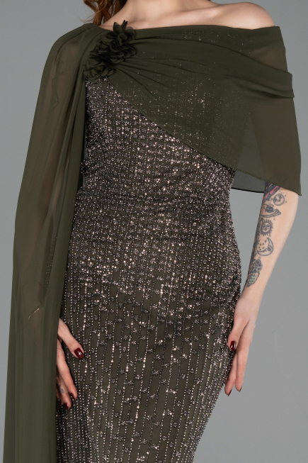 Long Olive Drab Beaded Evening Dress ABU5816