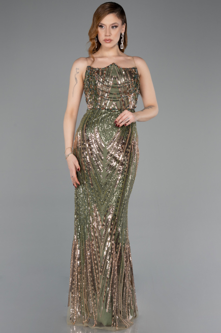 Long Olive Drab Scaly Evening Dress ABU5828