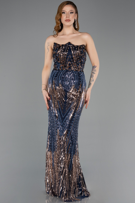 Long Navy Blue Scaly Evening Dress ABU5828