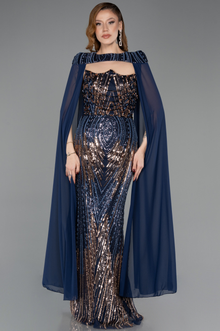 Long Navy Blue Scaly Evening Dress ABU5828