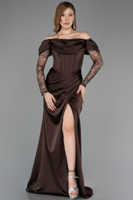 Long Brown Satin Evening Dress ABU5829