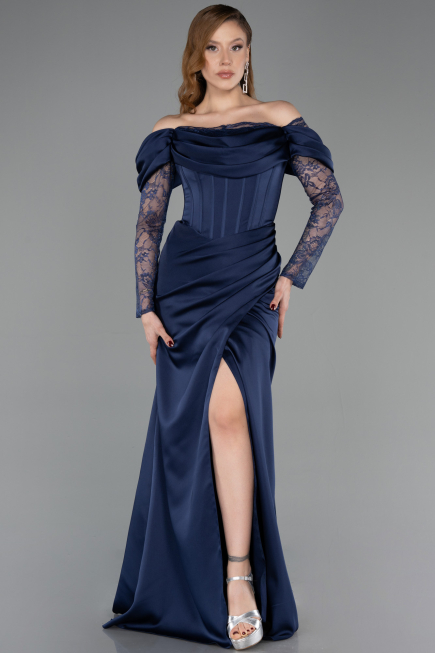 Long Navy Blue Satin Evening Dress ABU5829