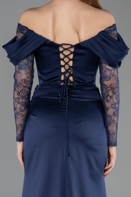 Long Navy Blue Satin Evening Dress ABU5829