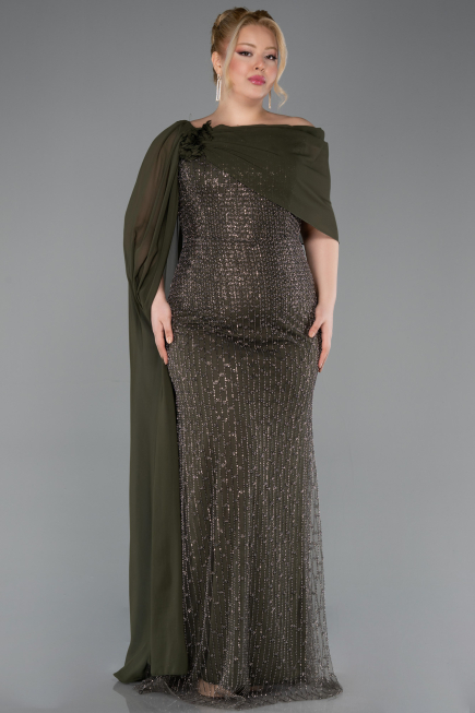 Long Olive Drab Beaded Plus Size Evening Dress ABU5819