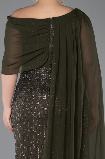 Long Olive Drab Beaded Plus Size Evening Dress ABU5819