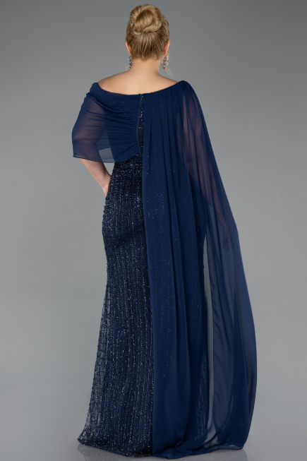 Long Navy Blue Beaded Plus Size Evening Dress ABU5819