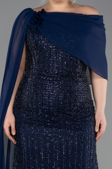 Long Navy Blue Beaded Plus Size Evening Dress ABU5819