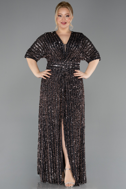 Long Anthracite Scaly Plus Size Evening Gown ABU5846