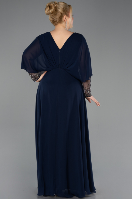 Long Navy Blue Chiffon Plus Size Evening Dress ABU5850