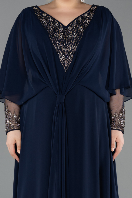 Long Navy Blue Chiffon Plus Size Evening Dress ABU5850