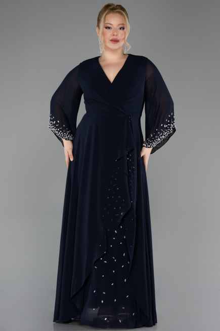 Long Navy Blue Chiffon Plus Size Evening Dress ABU5853