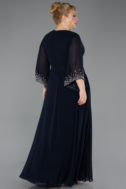 Long Navy Blue Chiffon Plus Size Evening Dress ABU5853