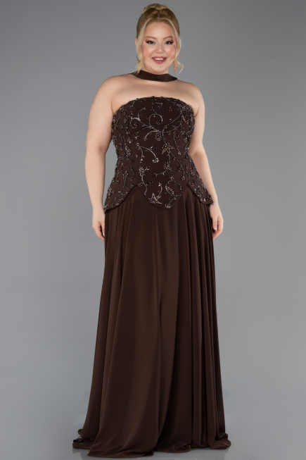 Long Brown Chiffon Plus Size Evening Dress ABU5855