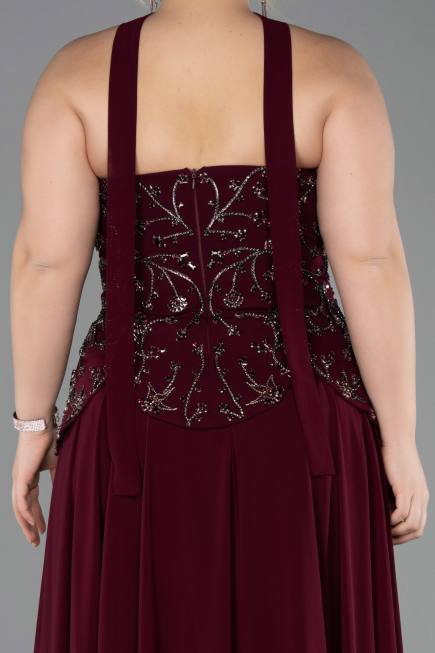Cherry Colored Long Chiffon Plus Size Evening Dress ABU5855