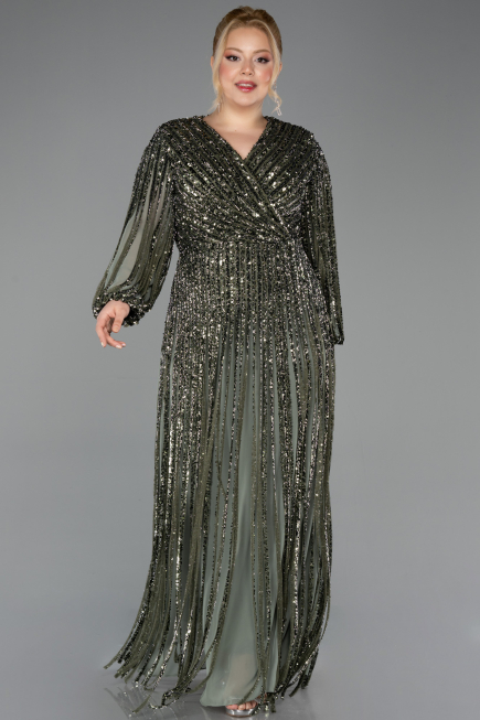 Long Olive Drab Scaly Formal Plus Size Dress ABU5857