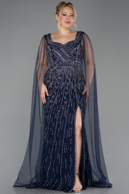 Long Navy Blue Stony Plus Size Evening Gown ABU5752