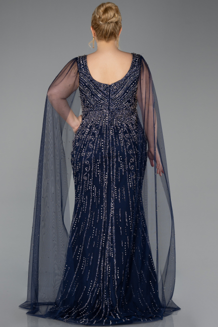 Long Navy Blue Stony Plus Size Evening Gown ABU5752