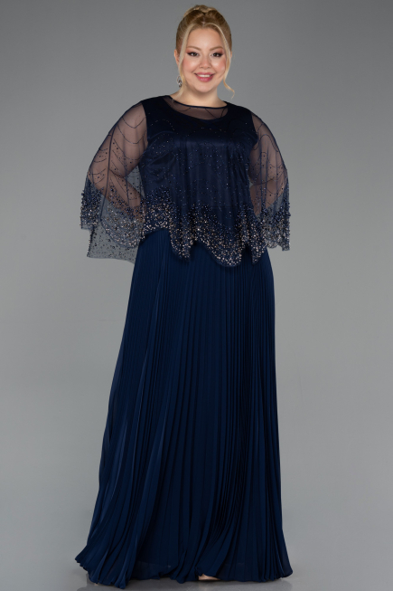 Long Navy Blue Chiffon Formal Plus Size Dress ABU5863