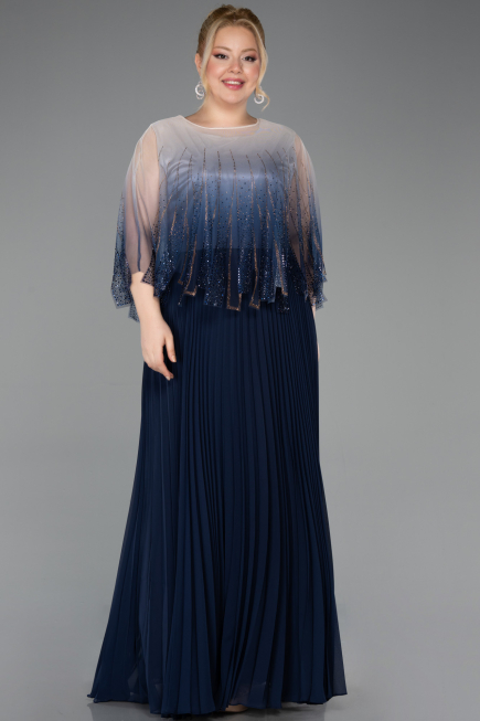 Long Navy Blue Chiffon Formal Plus Size Dress ABU5864