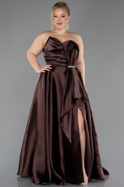 Long Brown Satin Plus Size Evening Dress ABU5650