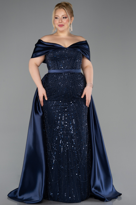 Long Navy Blue Beaded Formal Plus Size Dress ABU5742