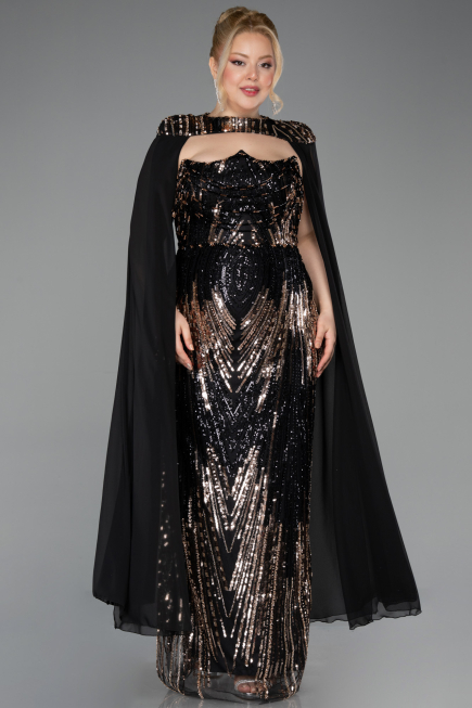 Long Black Scaly Plus Size Evening Gown ABU5830