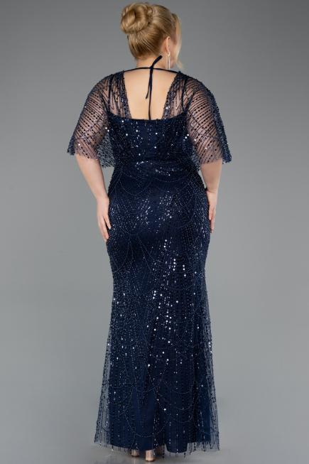 Long Navy Blue Beaded Plus Size Evening Dress ABU5722