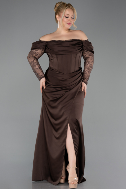 Long Brown Satin Plus Size Evening Dress ABU5831