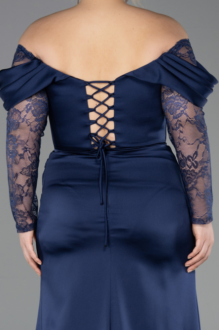Long Navy Blue Satin Plus Size Evening Dress ABU5831