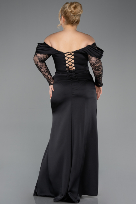 Long Black Satin Plus Size Evening Dress ABU5831