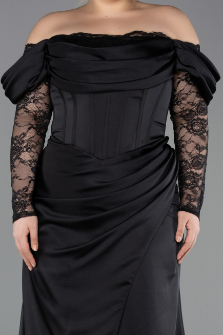 Long Black Satin Plus Size Evening Dress ABU5831