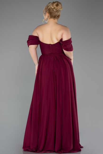 Cherry Colored Boat Neck Long Chiffon Plus Size Prom Dress ABU3738
