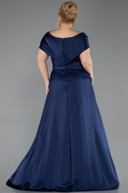 Long Navy Blue Satin Plus Size Evening Gown ABU5835