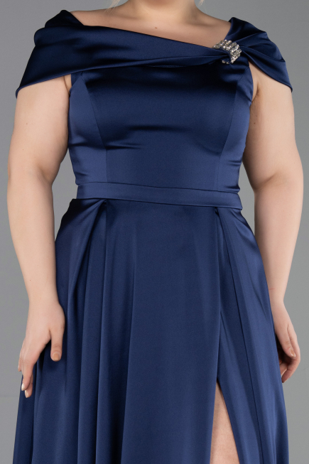 Long Navy Blue Satin Plus Size Evening Gown ABU5835