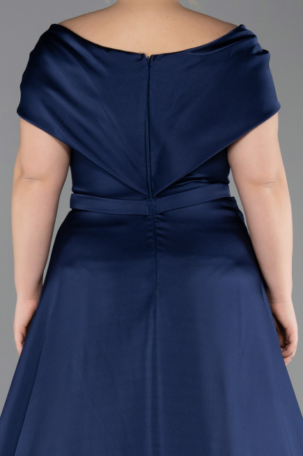 Long Navy Blue Satin Plus Size Evening Gown ABU5835