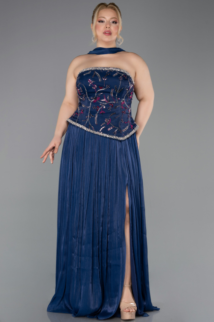 Long Navy Blue Chiffon Plus Size Evening Gown ABU5793