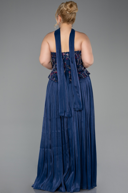 Long Navy Blue Chiffon Plus Size Evening Gown ABU5793