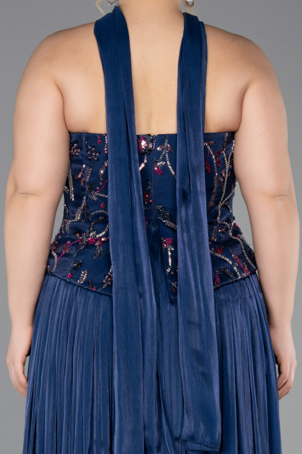 Long Navy Blue Chiffon Plus Size Evening Gown ABU5793